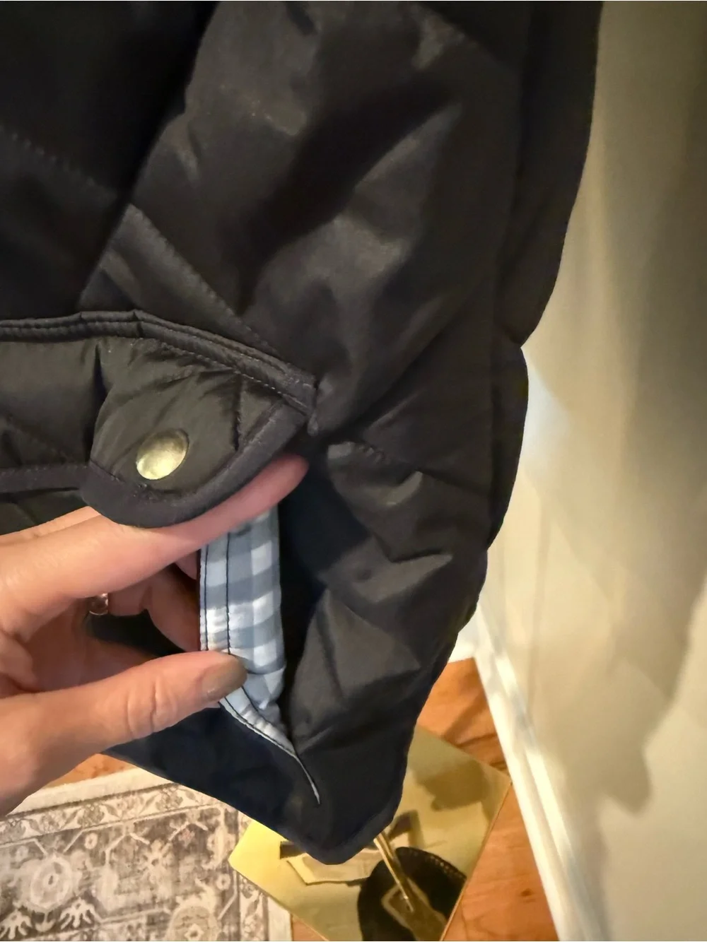 J.Crew Factory Black Quilted Puffer Vest Gingham Gold Hardware L